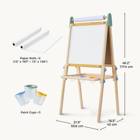The Tiny Land® 3-in-1 Art Easel for Kids - Morandi features a whiteboard, three paint cups, two paper rolls, and measures 46.2” H x 21.9” W x 16.5” D—perfect for inspiring creativity in young artists.