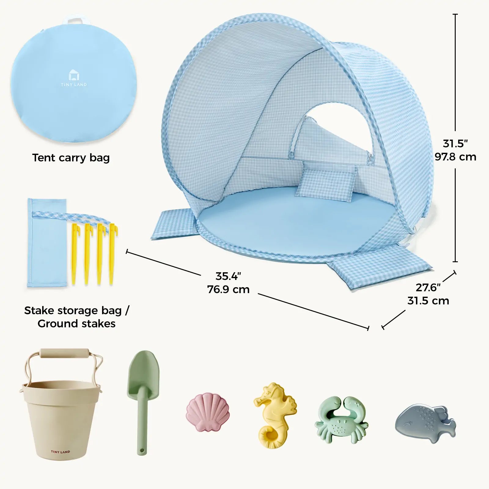 The Tiny Land® One-Stop Beach Toy & Tent Set in Light Blue Gingham includes a UV-protective tent (35.4 x 27.6 x 31.5 in) with carry bag, four ground stakes with storage bag, a beige bucket, green shovel, and pastel sea creature sand play set.