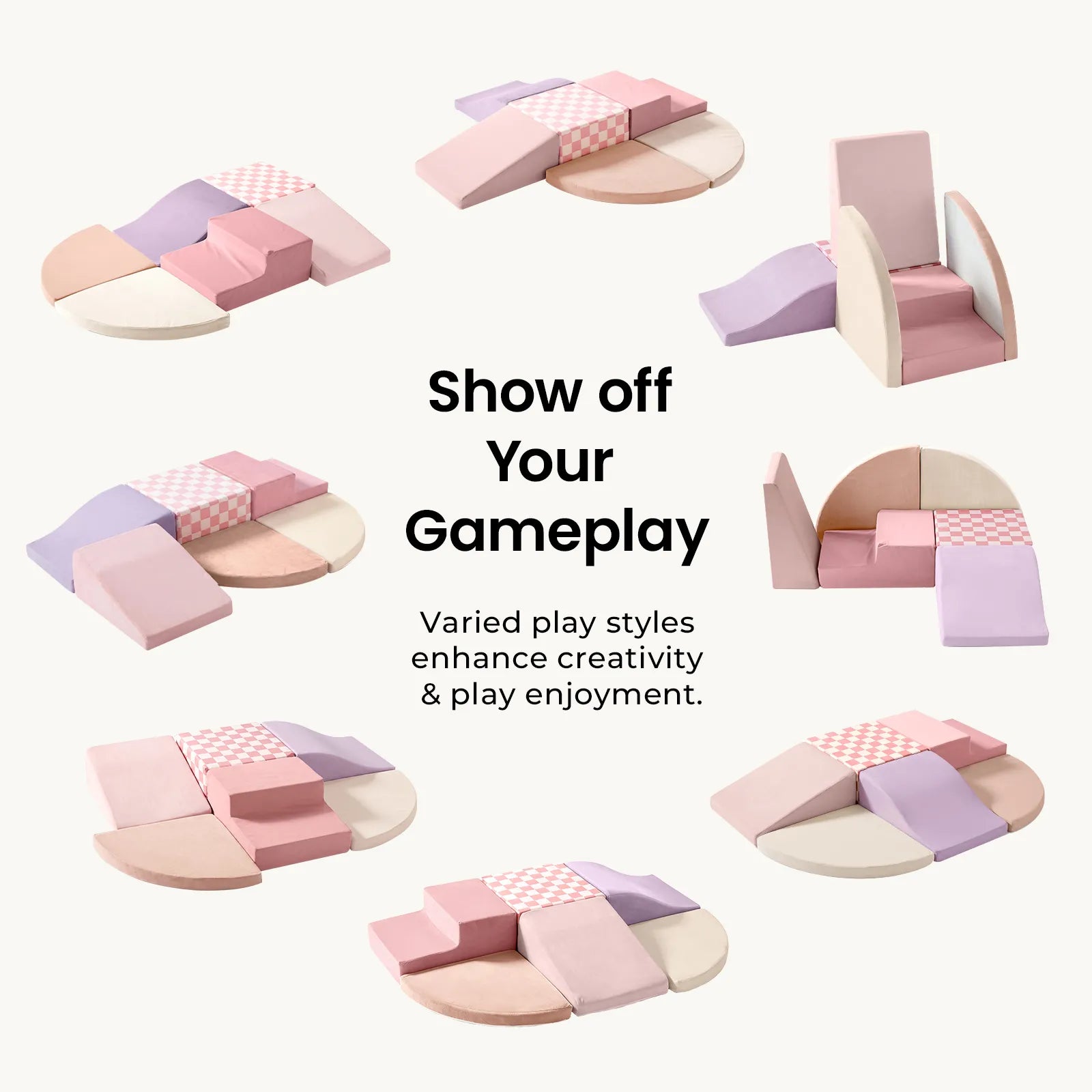 Nine pastel-colored Tiny Land® PlayNest Climbing Blocks and slides surround bold text: “Show off Your Gameplay. Varied play styles enhance creativity & play enjoyment.” Perfect soft play equipment by Tiny Land for imaginative fun on a neutral background.