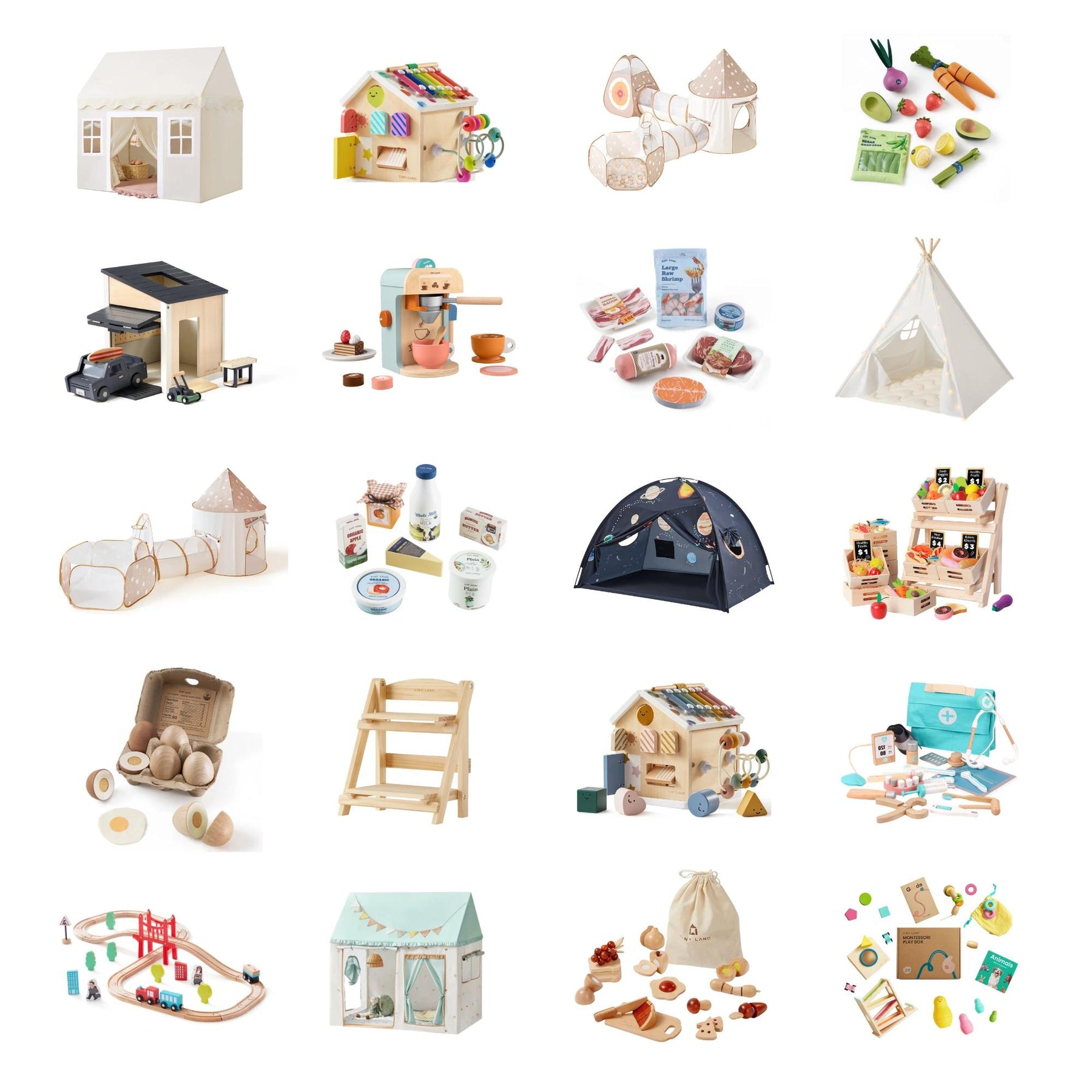 A collage of Tiny Land INC children's toys—including playhouses, play food, kitchens, tents, market stands, and vehicles from the Tiny Land® Mystery Surprise Box—arranged in a 5x4 grid on a white background.