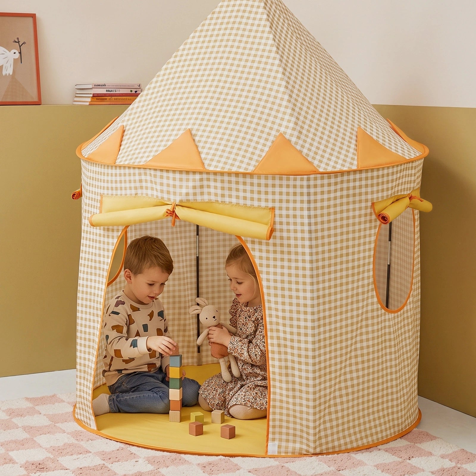 Two children play with wooden blocks and a stuffed rabbit inside a conical, gingham-patterned Tiny Land® Kids Tent.|Yellow