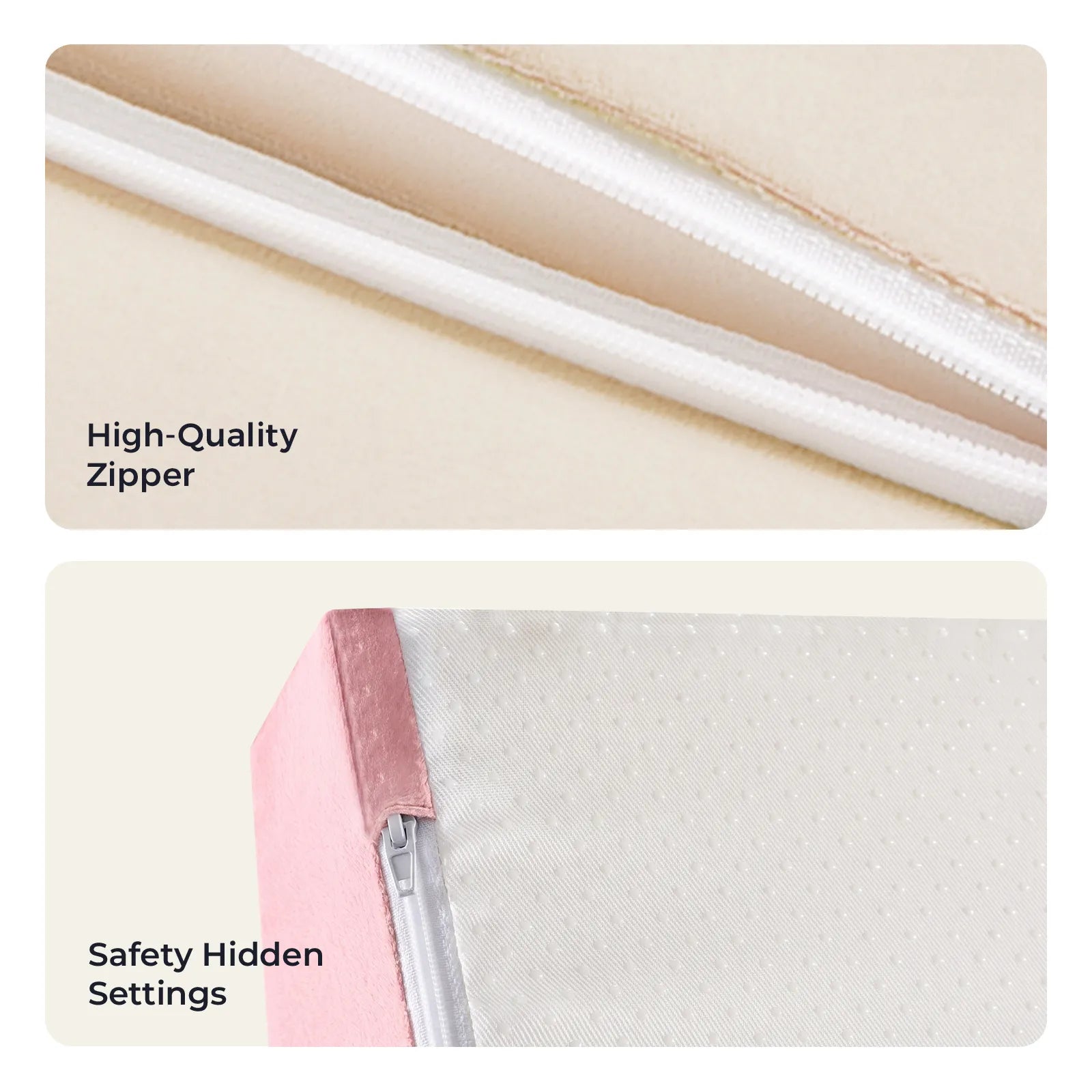 Two images: the top shows a close-up of a white zipper on beige fabric labeled "High-Quality Zipper" from Tiny Land® PlayNest Climbing Blocks; the bottom shows a pink and white foam corner with hidden zipper labeled "Safety Hidden Settings.