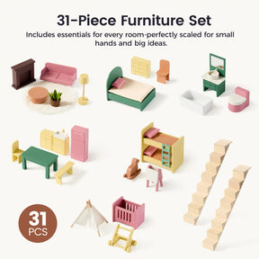 The Tiny Land® Sweetwood Pegasus Dollhouse & Wooden Dollhouse Dolls set features 31 miniature furniture pieces—beds, chairs, tables, appliances, stairs, and more—perfect for imaginative play and a wonderful fit for any wooden dollhouse.