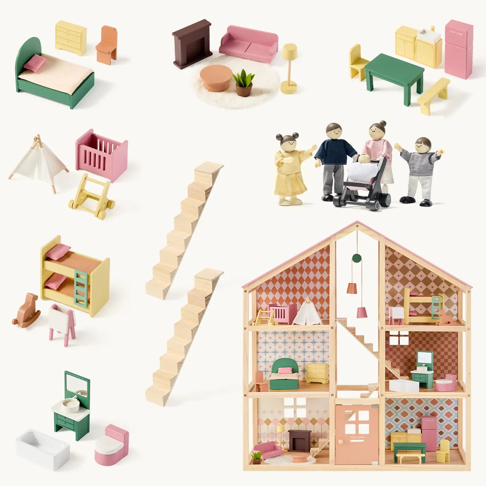 The Tiny Land® Sweetwood Pegasus Dollhouse includes detailed rooms, furniture (bed, crib, kitchen set, sofa, fireplace, bathroom set, stairs), and four poseable dolls from the Tiny Land brand arranged inside the house.