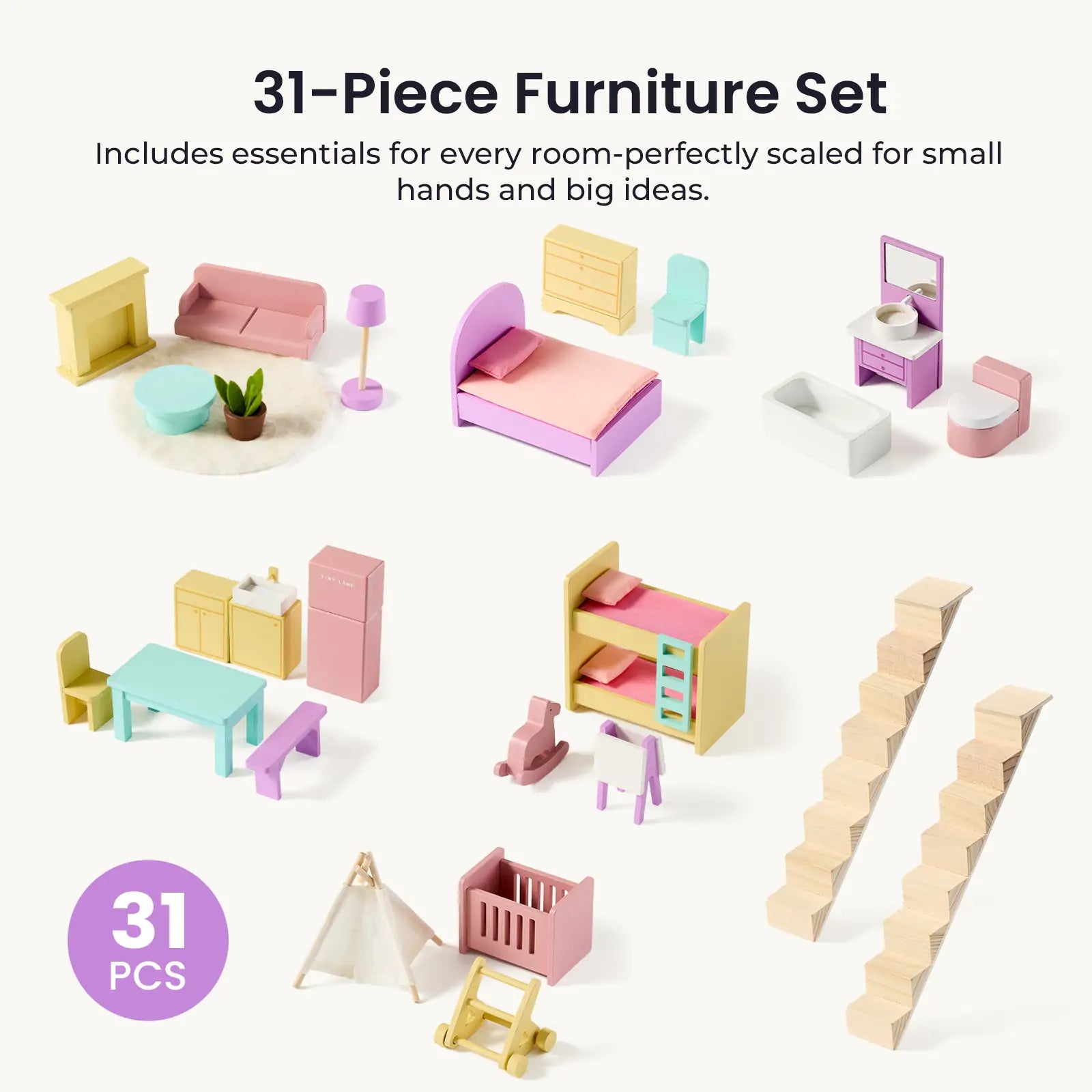 The Tiny Land® Sweetwood Unicorn Dollhouse set includes 31 pastel miniature furniture pieces—beds, chairs, tables, kitchen items, and more—perfectly sized for small hands and poseable dolls. Ideal for any wooden dollhouse!.