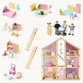 The Tiny Land® Sweetwood Unicorn Dollhouse & Wooden Dollhouse Dolls set by Tiny Land includes a wooden unicorn-themed house, pastel furniture, poseable family dolls, and accessories like beds, a crib, vanity, stairs, and dining set.