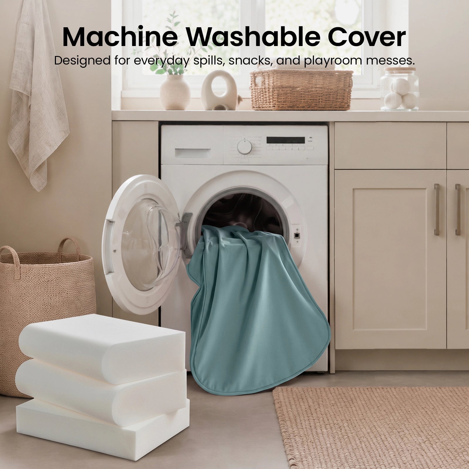 The Tiny Land® GentleSnug Kids Sofa Chair, shown with its blue cover partially removed, sits beside stacked white foam cushions in a laundry room. Text reads “Machine Washable Cover” and highlights how it’s easy to clean up after spills, snacks, or playroom messes—perfect for keeping your child’s nap mat or toddler sofa fresh and ready for daily adventures.|Blue