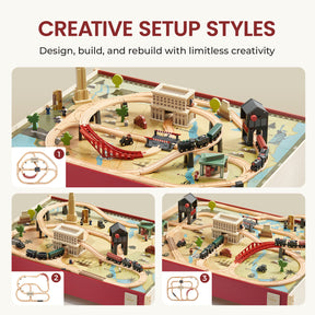 The Tiny Land® 1920 Railway Adventure Train Table by Tiny Land features tracks, buildings, trees, and bridges in three creative layouts with easy diagrams. This interactive city playset sparks imagination and endless railway designs.