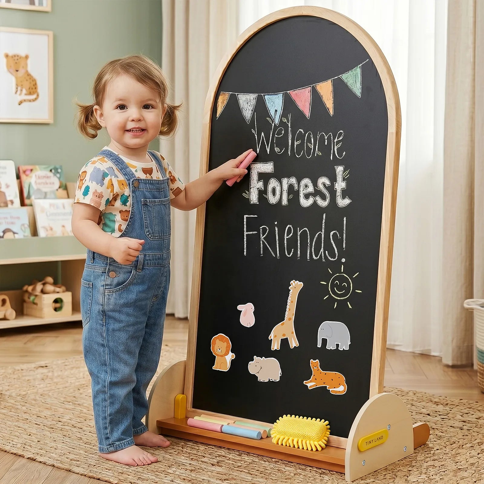 A smiling toddler in overalls holds pink chalk beside the Tiny Land® Double-Sided Arched Magnet Chalkboard, featuring "Welcome Forest Friends!" with animal stickers and colorful bunting in a cozy, child-friendly room.