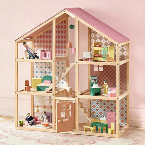 The Tiny Land® Sweetwood Pegasus Dollhouse & Wooden Dollhouse Dolls by Tiny Land features vibrant, multi-room designs, miniature furniture, and poseable dolls—perfectly displayed against a light pink background wall.