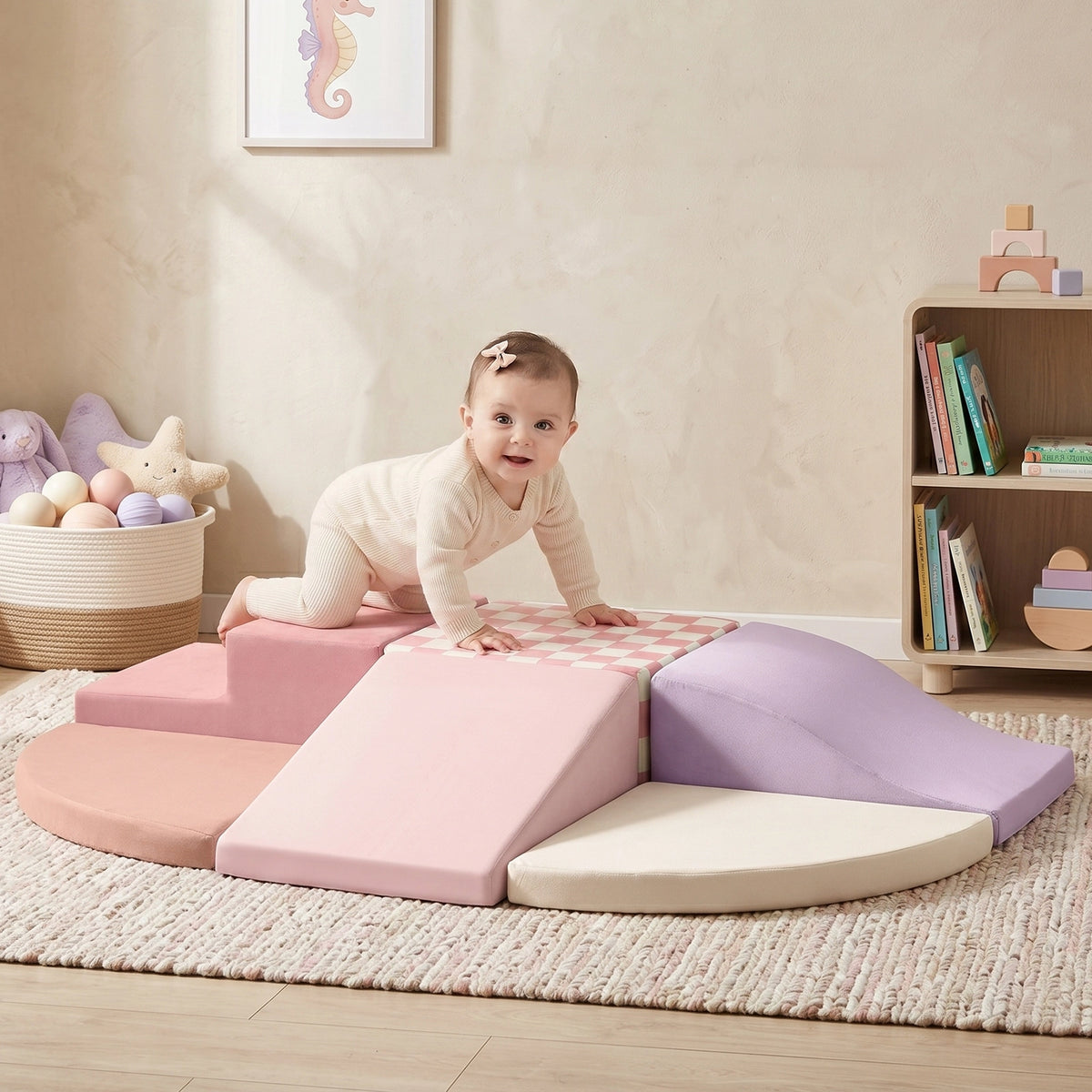 A baby in a cream outfit crawls on the Tiny Land® PlayNest Climbing Blocks, arranged in a circle on the nursery floor, with soft toys and wooden shelves by Tiny Land in the background.