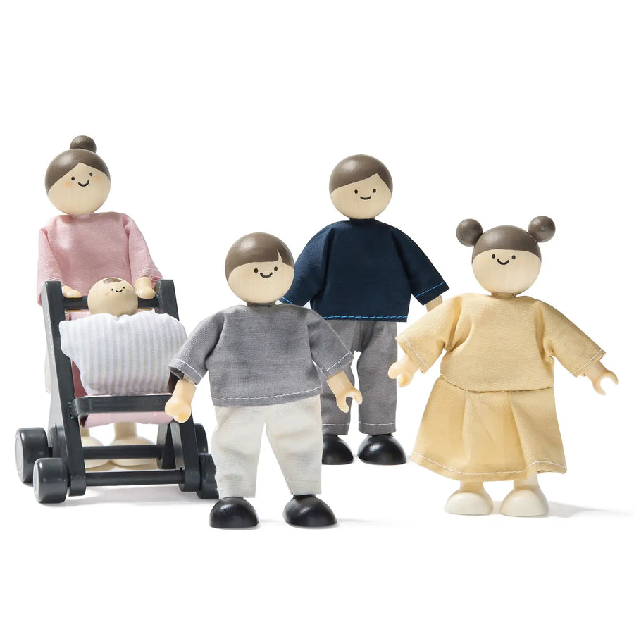 The Tiny Land® Wooden Dollhouse Dolls by Tiny Land include four poseable 1:12 scale figures in pastel outfits, with painted faces and a stroller with baby—ideal for imaginative play in any dollhouse.