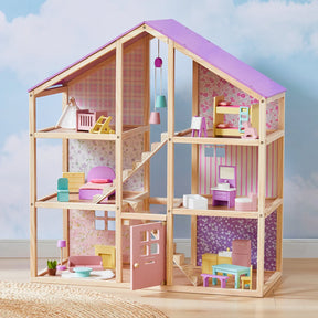 The Tiny Land® Sweetwood Unicorn Dollhouse & Wooden Dollhouse Dolls features three floors, colorful furniture, purple and pink accents, patterned wallpaper, an open front, and detailed rooms for poseable dolls.
