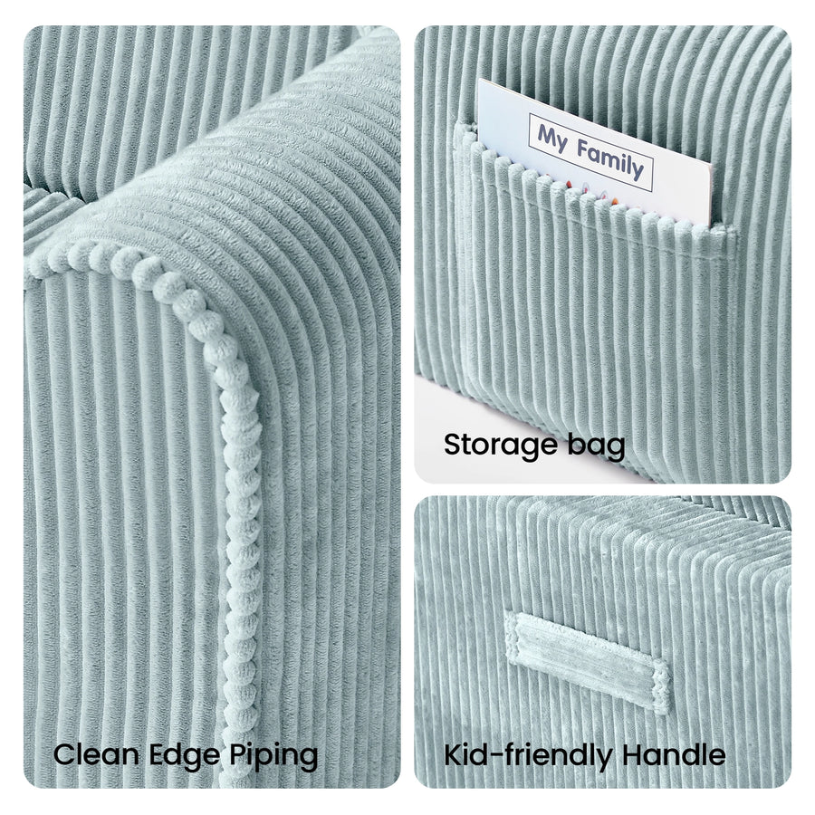 Three close-up shots of the Tiny Land® GentleSnug Corduroy Kid Chair by Tiny Land showcase the clean edge piping, a compact storage pouch with an insert card, and a built-in fabric handle designed for kid-friendly use.|Soft Teal