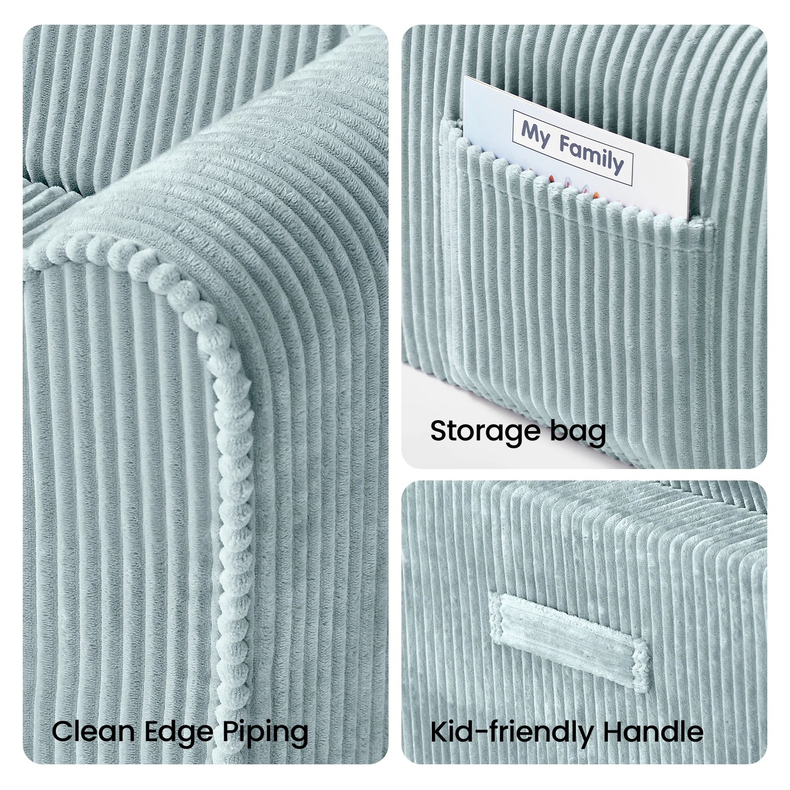 Three close-up shots of the Tiny Land® GentleSnug Corduroy Kid Chair by Tiny Land showcase the clean edge piping, a compact storage pouch with an insert card, and a built-in fabric handle designed for kid-friendly use.|Soft Teal