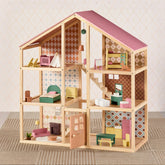 The Tiny Land® Sweetwood Pegasus Dollhouse features six rooms, patterned wallpaper, colorful furniture, an open front, and includes poseable family dolls for imaginative play in every room.