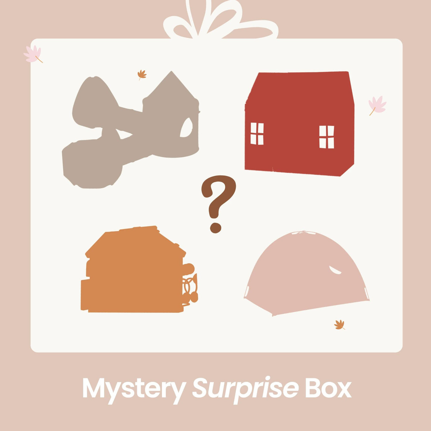 Four colorful house silhouettes surround a question mark on beige, with "Tiny Land® Mystery Surprise Box" below. Scattered leaves hint at premium toys inside this fun Tiny Land INC surprise box.