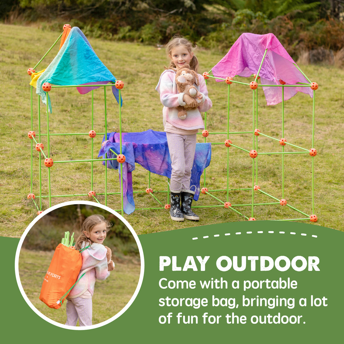 A young child plays outside with the Tiny Land® Creative Fort Building Kit with 130 pcs by Tiny Land INC, building colorful forts from green rods and fabric. She smiles holding a stuffed animal and wears a backpack-style storage bag for the play rods.