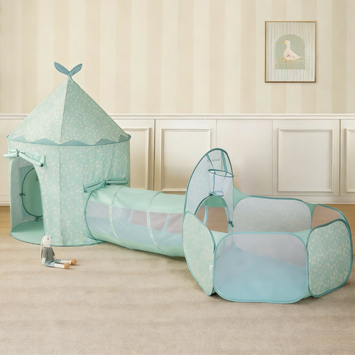 The Tiny Land® Compact Adventure 3-in-1 Play Tunnel With no Balls - Green by Tiny Land sits on a beige carpet near a stuffed bunny. The room has striped wallpaper, white wainscoting, and a framed bird picture on the wall.