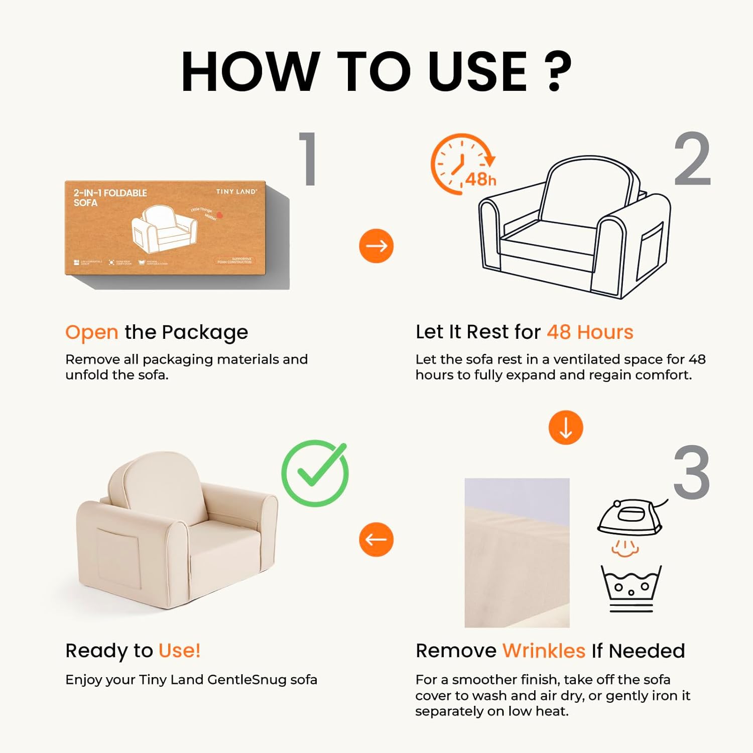 Infographic featuring four steps for the Tiny Land® GentleSnug Kid Chair by Tiny Land: 1. Open the package. 2. Allow the high-density foam chair to rest for 48 hours. 3. The chair is now ready to use. 4. Remove the cover for washing or ironing if wrinkled—each step includes a corresponding icon and concise instructions.|Pink