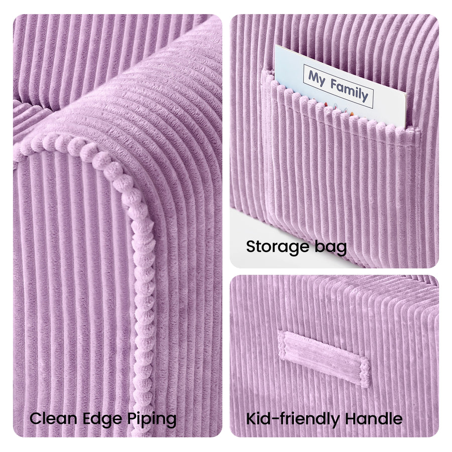 Three close-ups of the Tiny Land® GentleSnug Corduroy Kid Chair by Tiny Land showcase its clean edge piping, a convenient storage bag holding a book titled “My Family,” and an easy-to-grip handle—all highlighting the chair’s soft textured corduroy fabric, making it a cozy and inviting addition to any playroom.|Purple