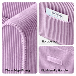 Three close-ups of the Tiny Land® GentleSnug Corduroy Kid Chair by Tiny Land showcase its clean edge piping, a convenient storage bag holding a book titled “My Family,” and an easy-to-grip handle—all highlighting the chair’s soft textured corduroy fabric, making it a cozy and inviting addition to any playroom.|Purple