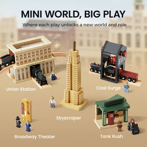 Tiny Land INC's Tiny Land® 1920 Railway Adventure Train Table features miniature building sets—Union Station, Skyscraper, Broadway Theater, Tank Rush—creating an interactive cityscape with figures and a vintage train. MINI WORLD, BIG PLAY.