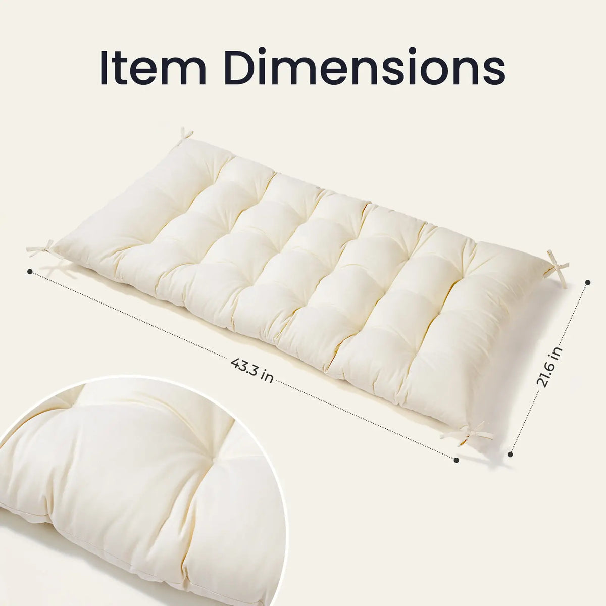 A cream-colored, rectangular pad from the Tiny Land Adventure Playground Gift Set is shown (43.3"L x 21.6"W), featuring a soft tufted texture—ideal for pairing with the included climbing set, balance beam, or stepping stones.