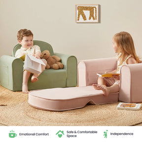 Two young children sit on Tiny Land® GentleSnug Kid Chairs—each crafted from high-density foam—reading books in a cozy room with a rug and teddy bear. Icons below highlight emotional comfort, a safe space, and independence.|Pink