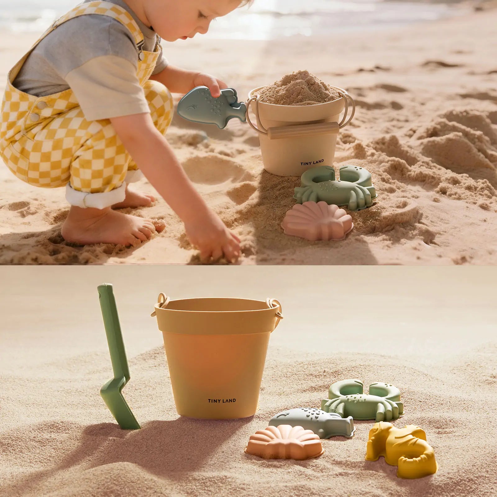 A young child in checkered overalls enjoys the Tiny Land® One-Stop Beach Toy & Tent Set – Pastel Yellow Stripes, complete with bucket, shovel, sea-themed molds, and a UV-protective tent for safe and endless beach fun.|Pastel Yellow Stripes