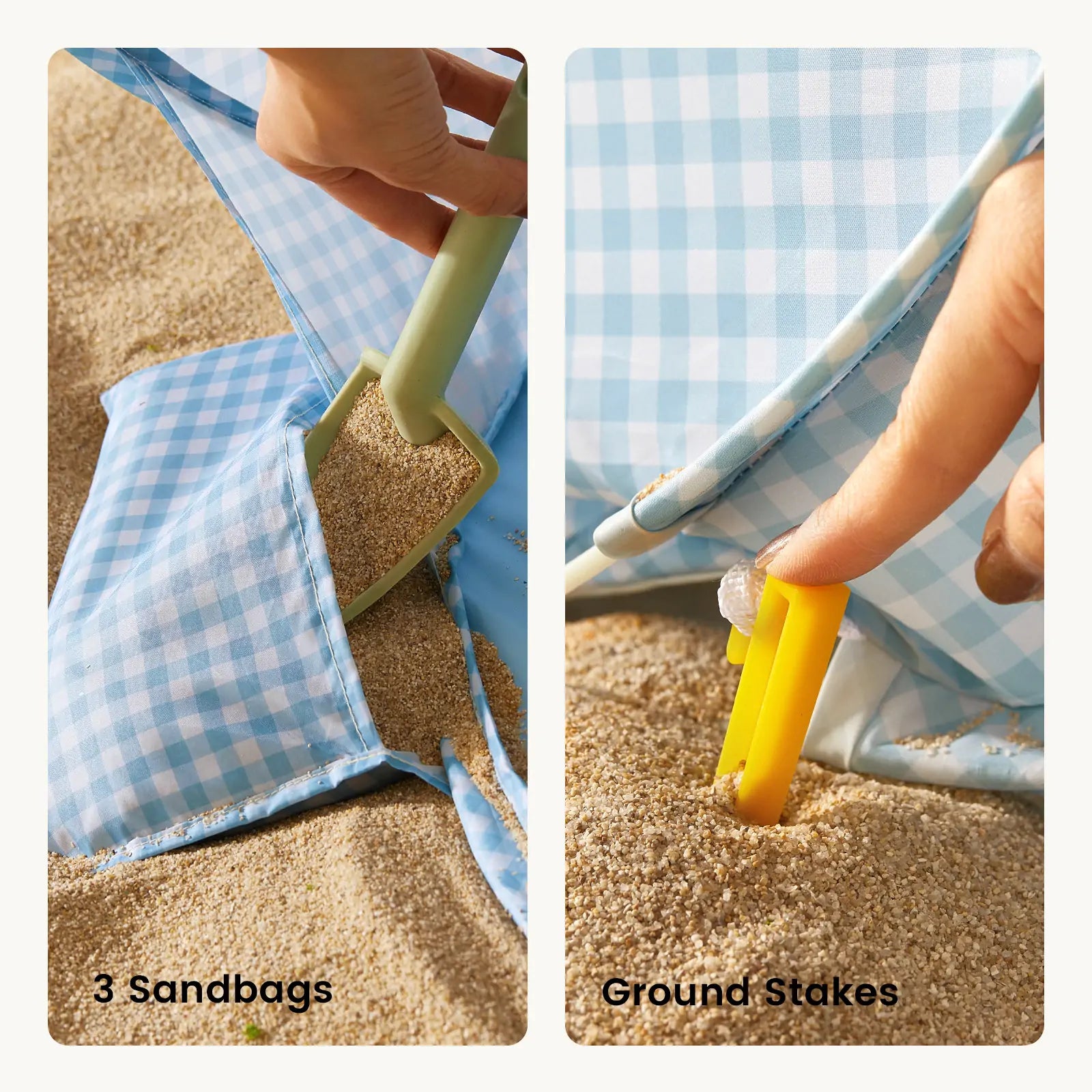 Split image of two ways to secure the Tiny Land® One-Stop Beach Toy & Tent Set – Light Blue Gingham: left shows a hand filling a sandbag; right, a hand pushing in a yellow stake. Text reads 3 Sandbags and Ground Stakes.|Light Blue Gingham