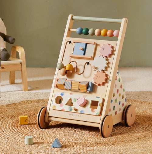 The Tiny Land® Versatile Natural Wooden Baby Walker features colorful beads, gears, shape blocks, wheels, pastel polka dots on the sides, and interactive elements—perfect for toddlers’ learning and play|Morandi