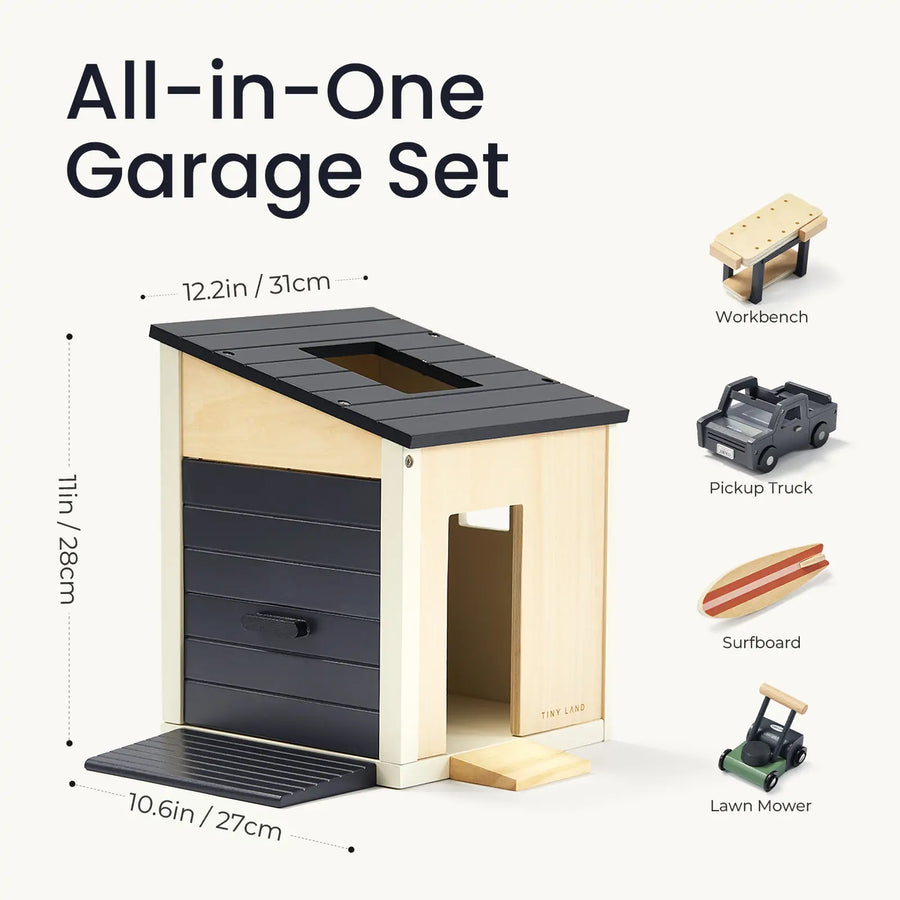 The Tiny Land® Wooden Dollhouse - Garage by Tiny Land measures 12.2" W x 11" H x 10.6" D and includes a workbench, pickup truck, surfboard, and lawn mower for imaginative play.