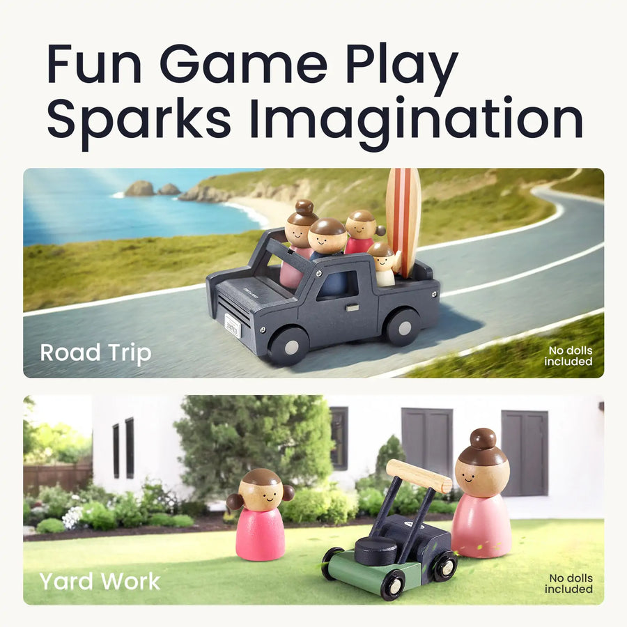 Two scenes with wooden dolls from the Tiny Land® Wooden Dollhouse - Garage: a Road Trip by the seaside in a Tiny Land toy truck, and Yard Work with a toy lawn mower. Text: Fun Game Play Sparks Imagination.