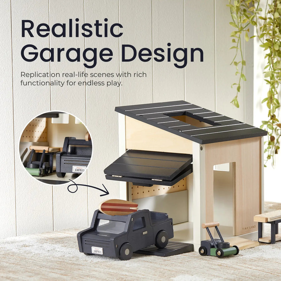 The Tiny Land® Wooden Dollhouse - Garage by Tiny Land features a black toy truck, ramp, and movable garage door. “Realistic Garage Design” shows how this set replicates real-life scenes for endless imaginative play.