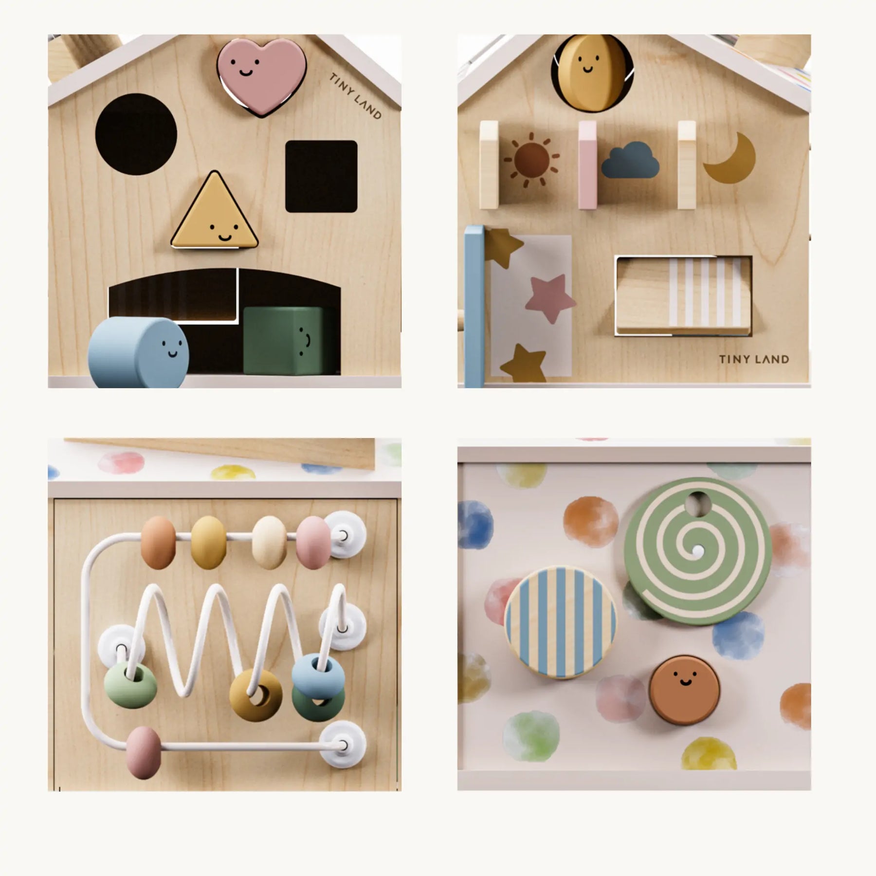 The Tiny Land Complete Development Playset—Baby Walker + Activity Cube features four sections: a smiling shape sorter, weather symbols and sliders, pastel bead maze, and spinning discs—all in soft, neutral colors for sensory development.