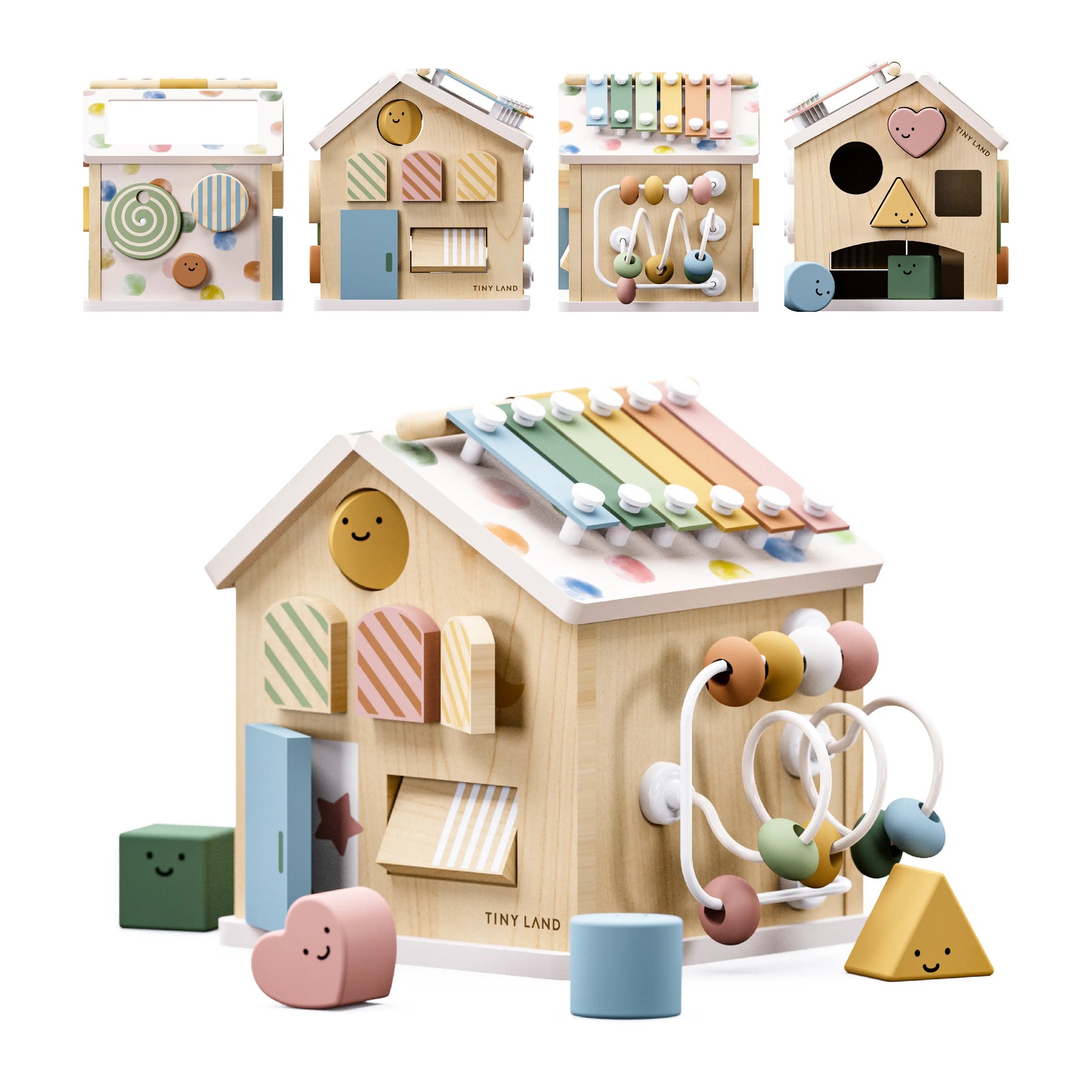 Tiny Land Complete Development Playset—Baby Walker + Activity Cube in pastel colors features a shape sorter, xylophone roof, abacus, spinning gears, and bead maze. Four images display different sides and activities of the toy.