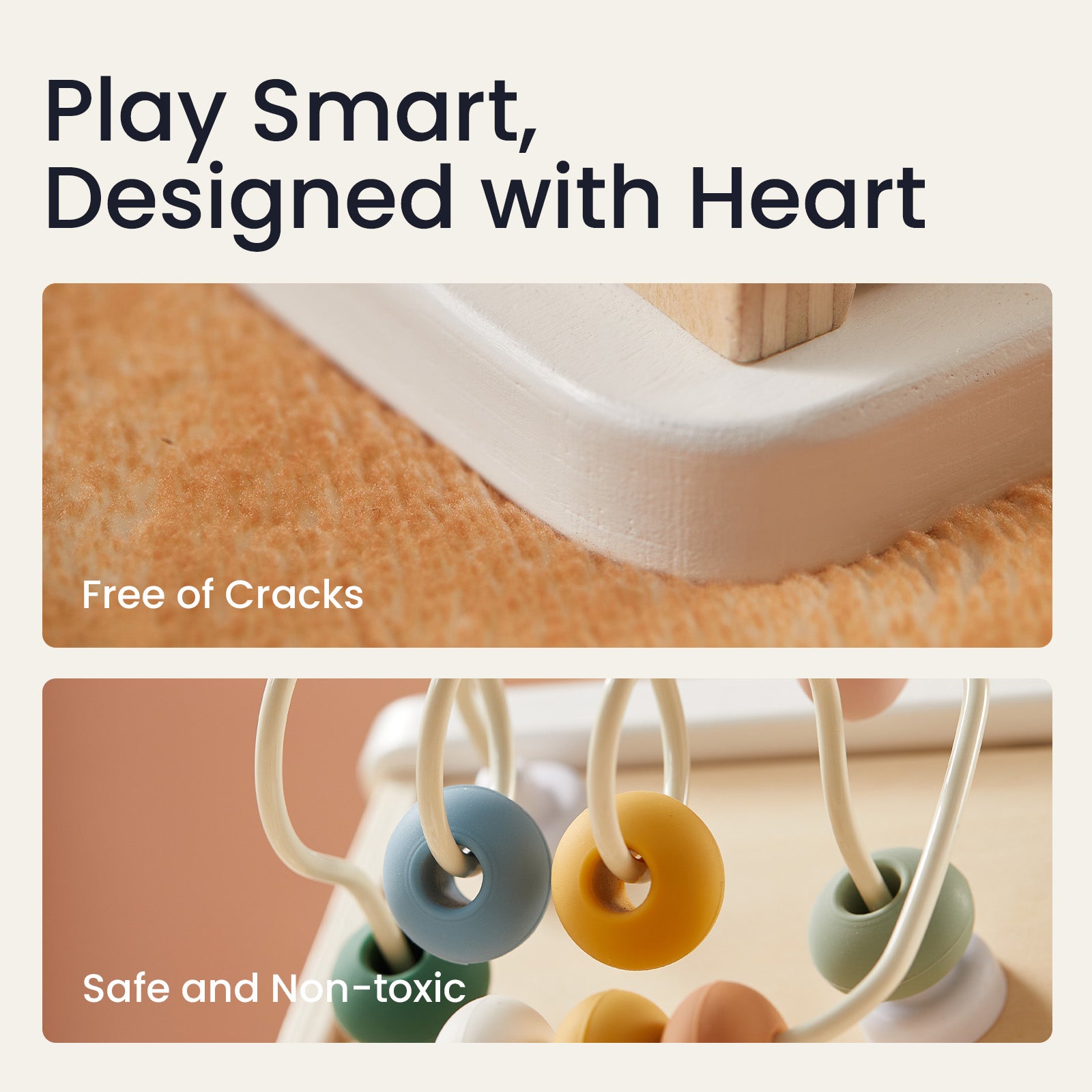 Close-up of the Tiny Land® Cottage Activity Cube - Morandi by Tiny Land, featuring smooth, crack-free edges and colorful beads. Play Smart, Designed with Heart—safe, non-toxic, and perfect as a developmental toy.