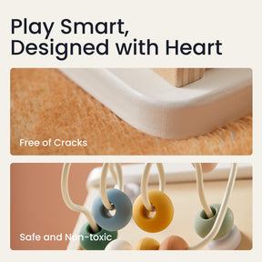 Close-up of the Tiny Land® Cottage Activity Cube - Morandi by Tiny Land, featuring smooth, crack-free edges and colorful beads. Play Smart, Designed with Heart—safe, non-toxic, and perfect as a developmental toy.