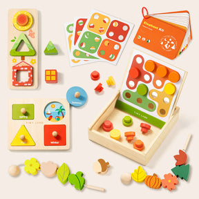 The Tiny Land® Montessori Advanced Skills Baby Set (13–24 months) by Tiny Land features colorful wooden shape sorters, seasonal puzzles, pattern cards, and nature-themed beads for creative play and fine motor skill development.