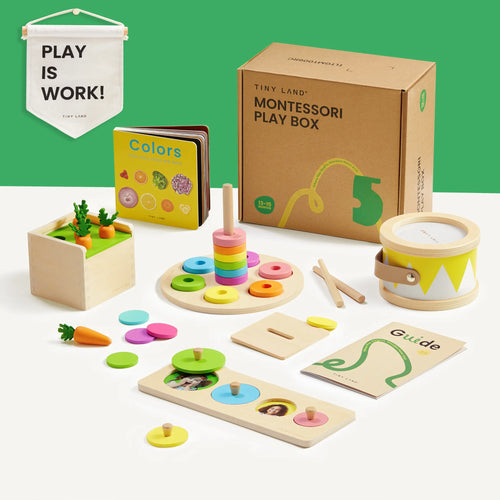 Tiny Land® Montessori Toys for Toddlers (13–15 Months) by Tiny Land features wooden toys, a color book, drum, stacking rings, veggie garden, and activity cards. A PLAY IS WORK! banner hangs above this educational set on a white and green background.