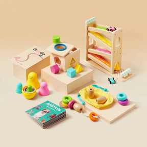 The Tiny Land® Montessori Advanced Skills Baby Set (13–24 months) by Tiny Land features colorful wooden and plastic toys like stacking pegs, shape sorters, and a ball ramp to encourage fine motor skills and sensory development.