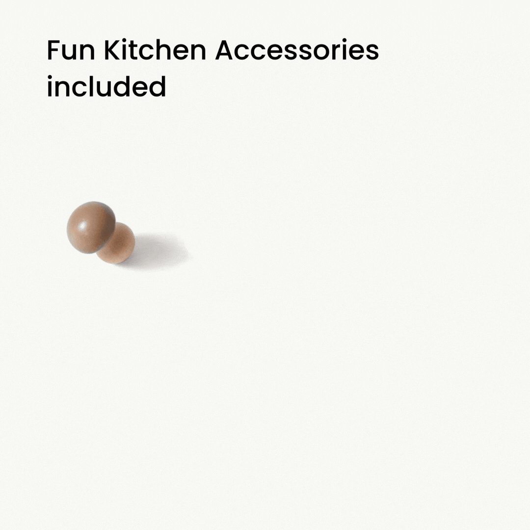 A single wooden mushroom toy rests on a light background beneath the words “Fun Kitchen Accessories included,” capturing the inviting charm of the Tiny Land® Wooden Play Kitchen for Toddlers - Honey Kitchenette Pretend Cooking Set. The scene is minimalistic and clean, reflecting Tiny Land’s playful and thoughtful design.|Mediterranean