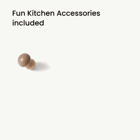 A single wooden mushroom toy rests on a light background beneath the words “Fun Kitchen Accessories included,” capturing the inviting charm of the Tiny Land® Wooden Play Kitchen for Toddlers - Honey Kitchenette Pretend Cooking Set. The scene is minimalistic and clean, reflecting Tiny Land’s playful and thoughtful design.|Mediterranean