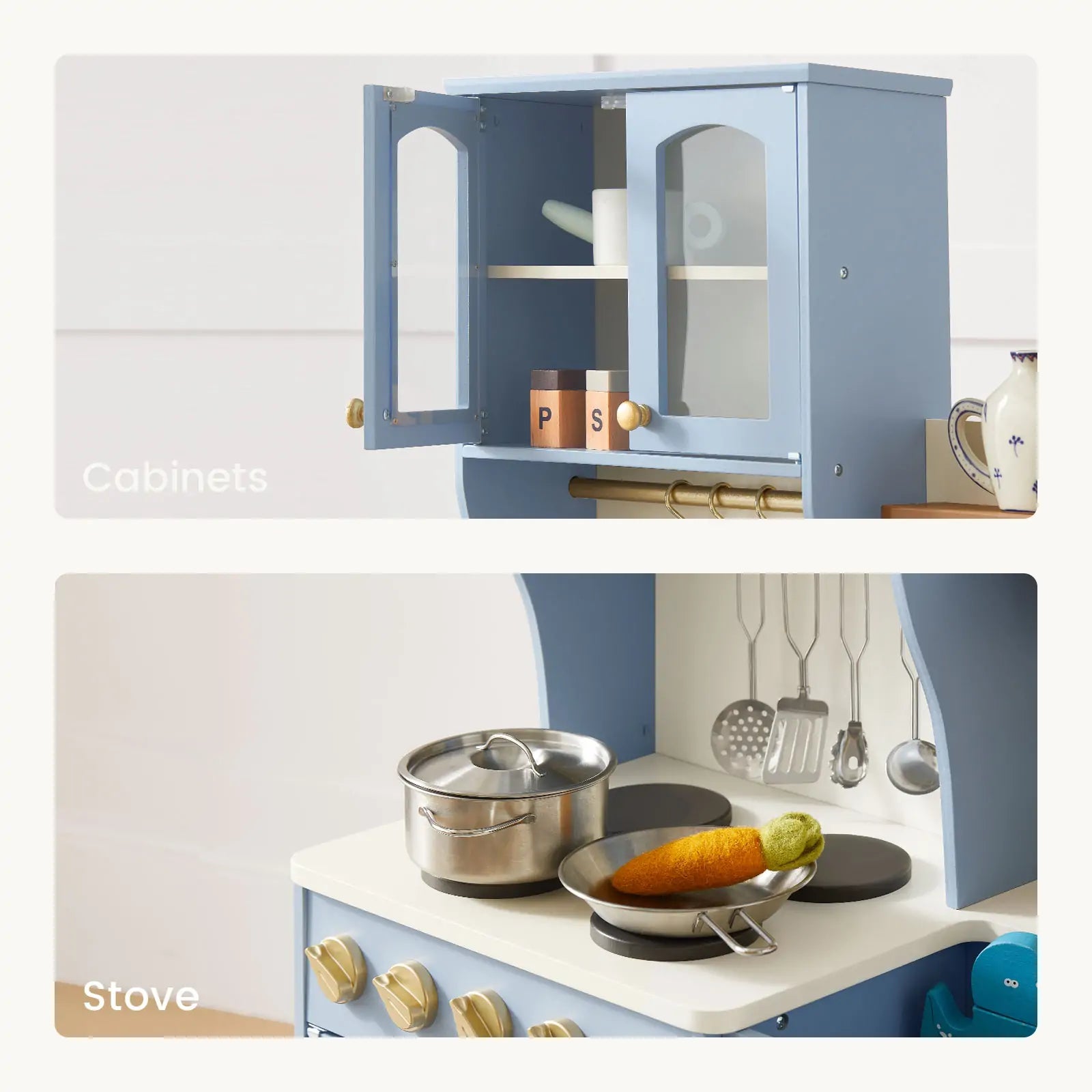 The Tiny Land® Serenity Wooden Kitchen & Coffee Maker by Tiny Land is a blue wooden playset with labeled Cabinets and Stove, including pots, utensils, play corn on the stovetop, and is ideal for pretend play.