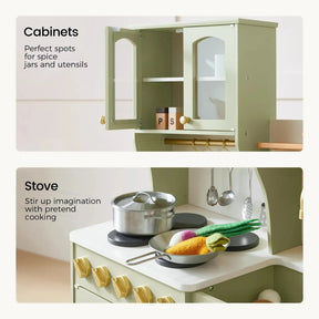 The Tiny Land® Wooden Play Kitchen with Storage for Creative Toddlers by Tiny Land includes open green cabinets with spice jars, as well as a stove featuring a pot and toy vegetables in a pan—perfect for encouraging imaginative pretend play with realistic cookware.|sage