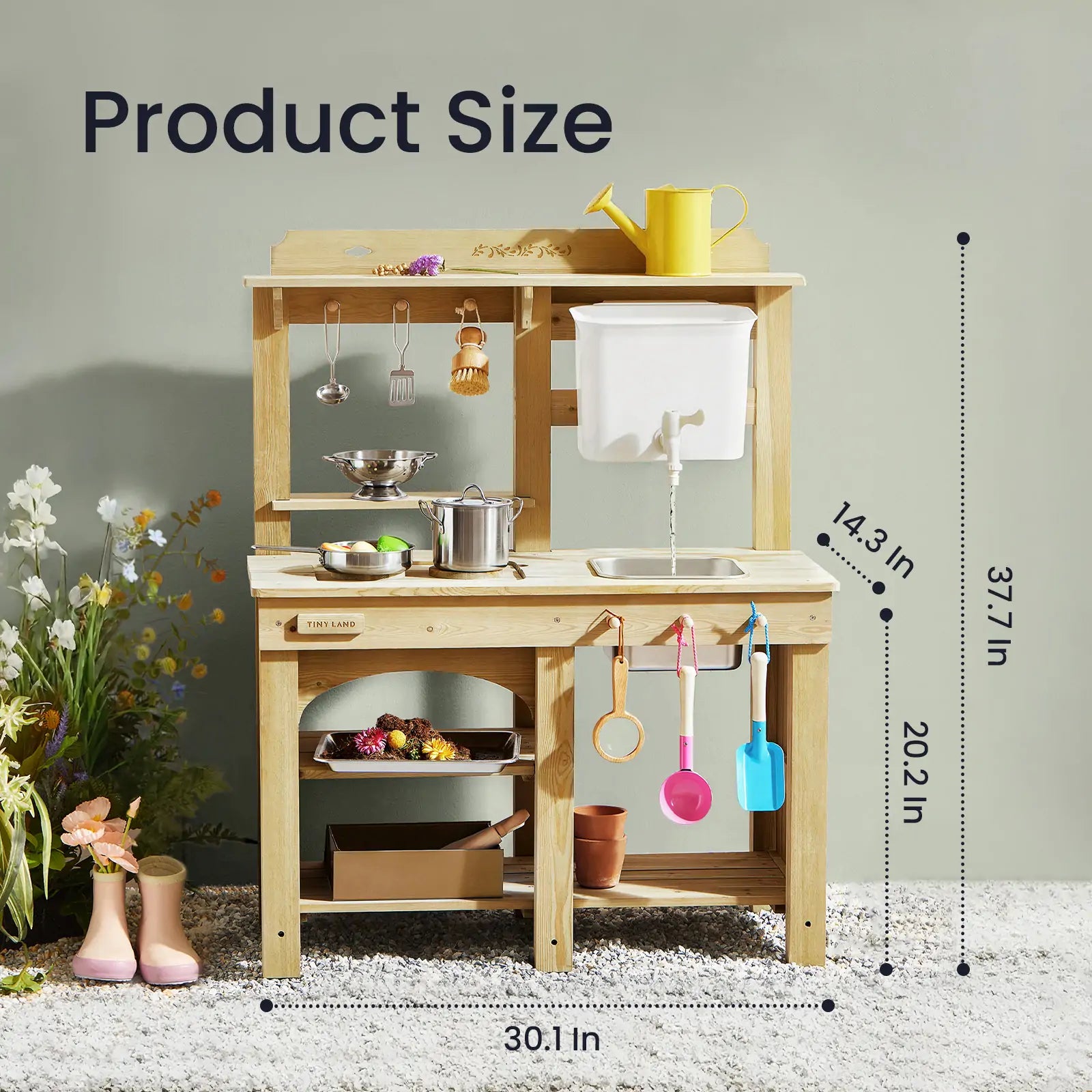 Dimensions of Tiny Land® DuoPlay Mud Kitchen – 30.1 x 14.3 x 37.7 inches