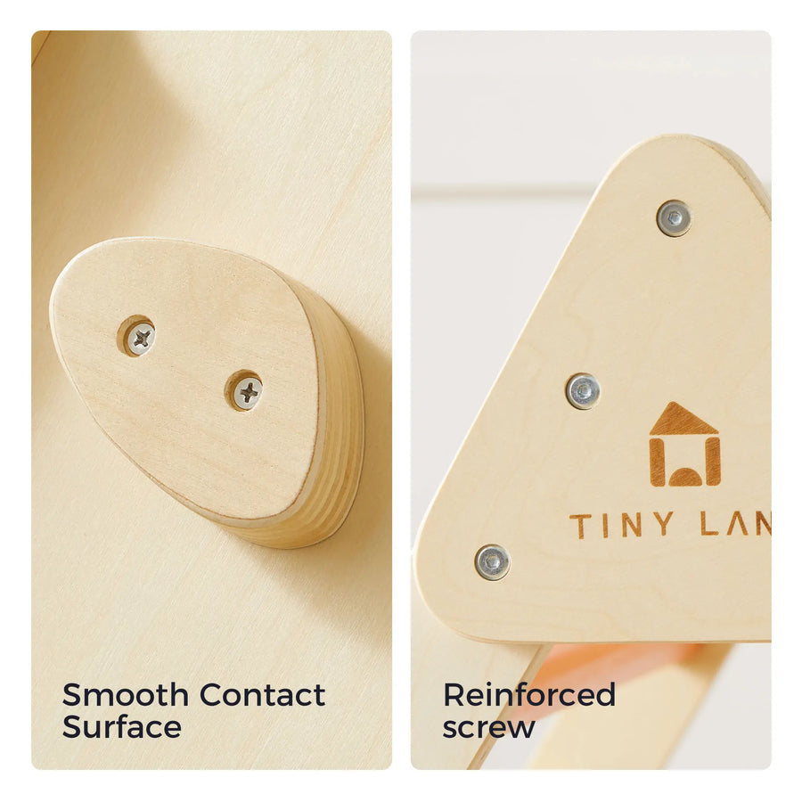 Split image shows close-ups of the Safe Explorers Playset by Tiny Land: left, a smooth, rounded natural wood piece with two screws; right, a triangular section with three screws and the Tiny Land logo. Includes Urban Zoo Playmat—perfect for indoor play.|natural wood color
