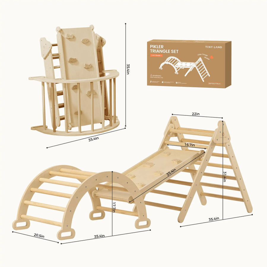 The Tiny Land Safe Explorers Playset — Natural Wood Climbing Set + Urban Zoo Playmat is shown with a slide and climbing ramp. Dimensions are labeled, with the product box in the upper right. Smooth, light wood pieces create a perfect indoor playground for kids.|natural wood color