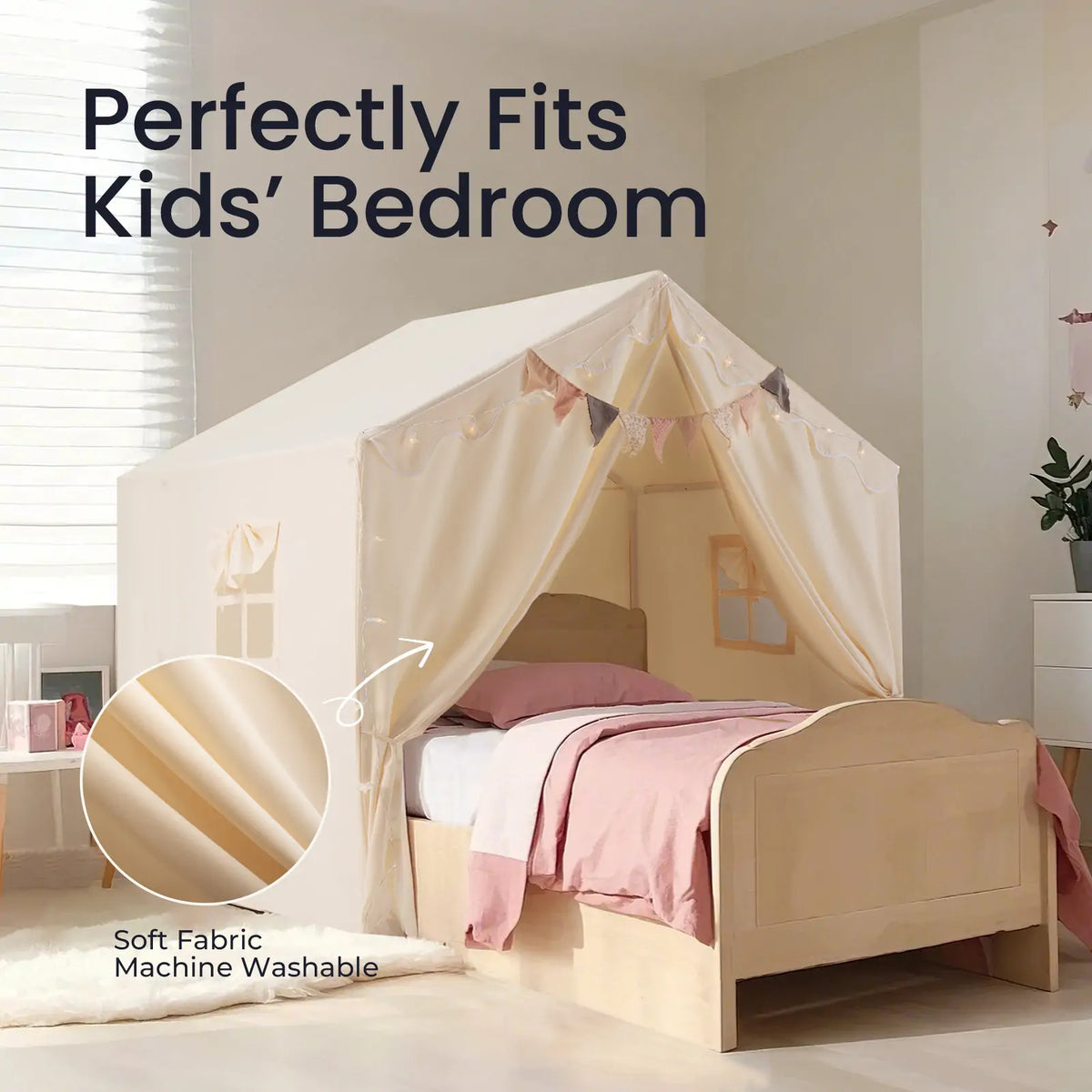 A fabric tent for the Tiny Land Cozy Nook Bundle covers a bed to create a cozy play nook, with an inset circle highlighting the soft texture of the material and the text, Soft Fabric Machine Washable.|Fabric
